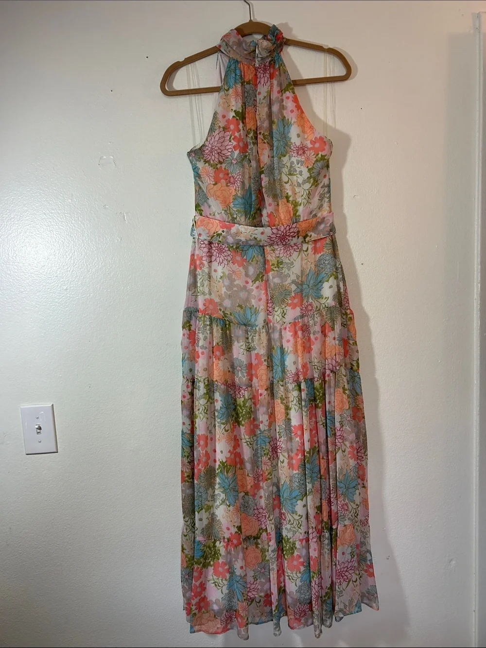 Taylor Floral Halter Maxi Dress in Pastel Pink, Blue & Green - Picture 3 of 4